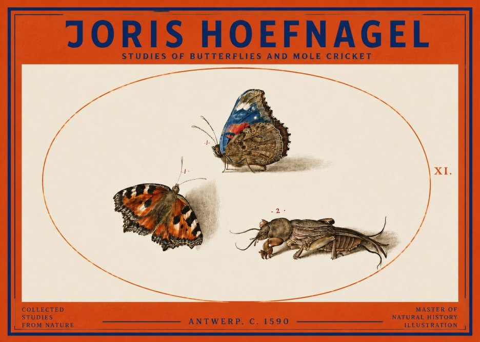 Joris Hoefnagel Studies of Butterflies and Mole Cricket No3 - Poszter