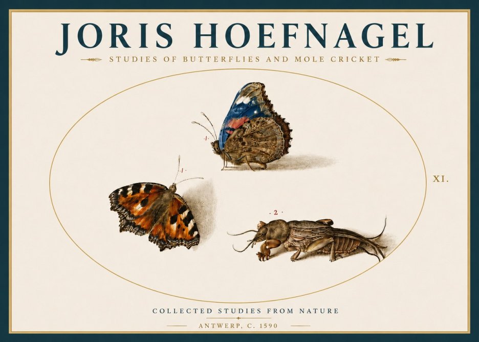 Joris Hoefnagel Studies of Butterflies and Mole Cricket No4 - Poszter