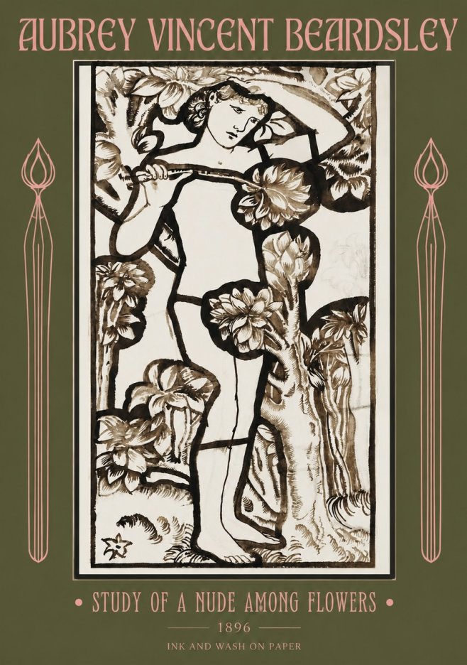 Aubrey Beardsley Study of a Nude Among Flowers No2 - Poszter
