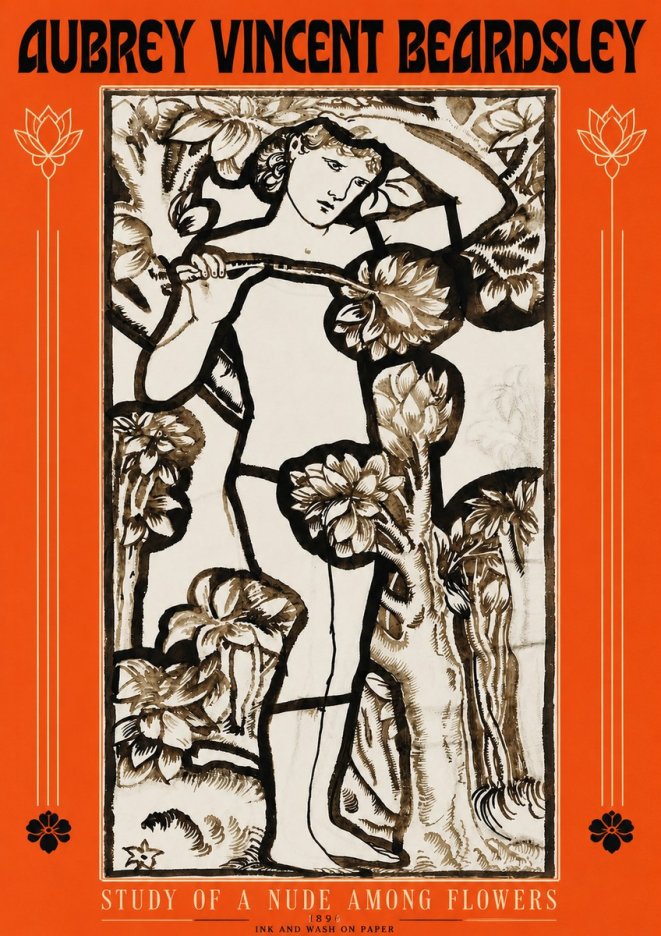 Aubrey Beardsley Study of a Nude Among Flowers No3 - Poszter