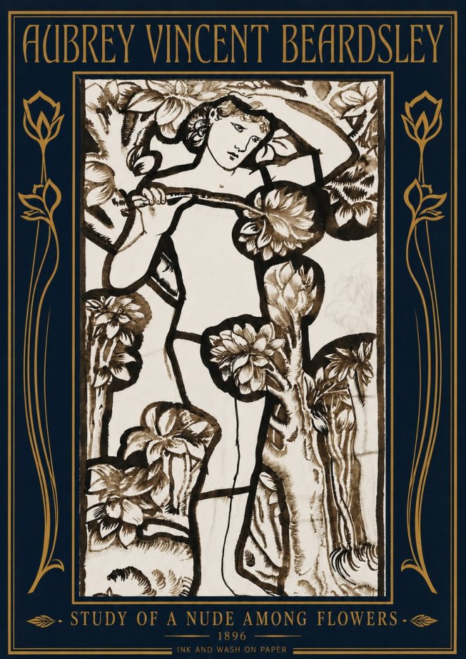Aubrey Beardsley Study of a Nude Among Flowers No4 - Poszter
