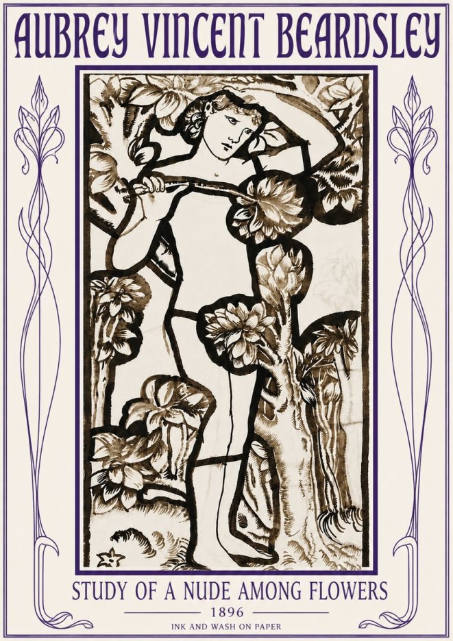 Aubrey Beardsley Study of a Nude Among Flowers No5 - Poszter