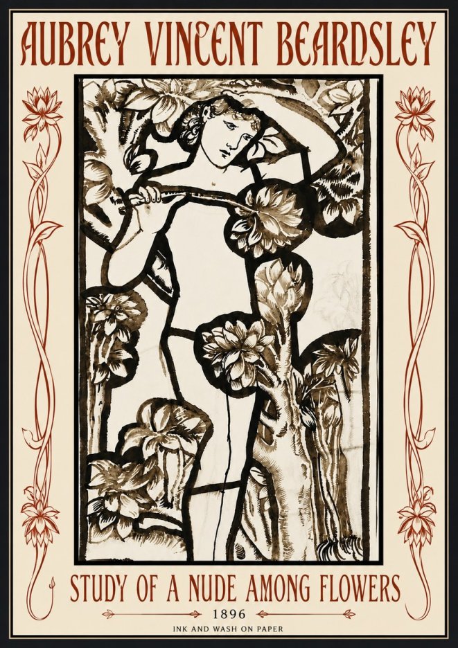 Aubrey Beardsley Study of a Nude Among Flowers No6 - Poszter