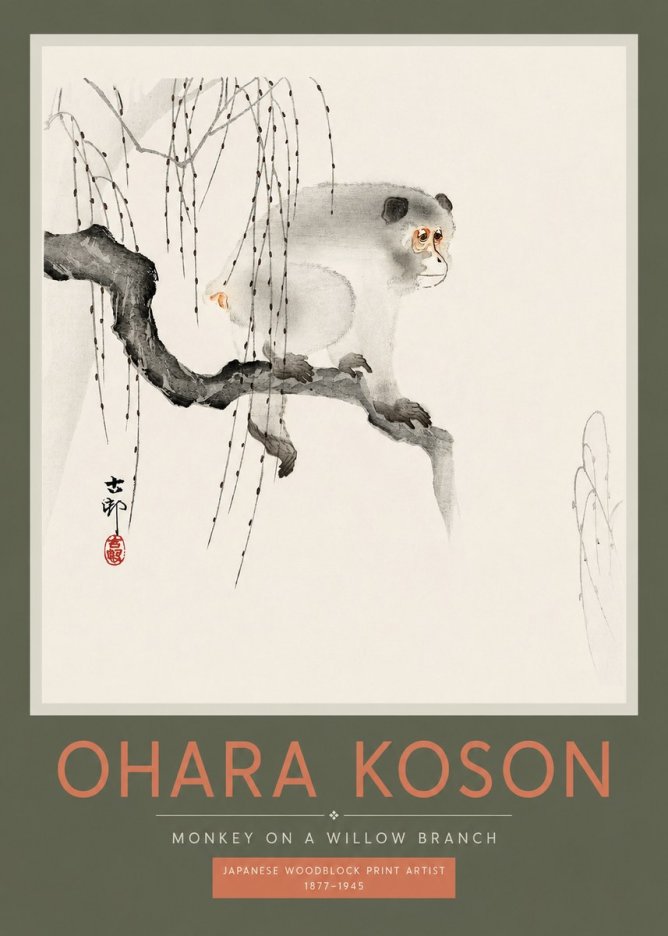 Ohara Koson Monkey on a Willow Branch No2 - Poszter