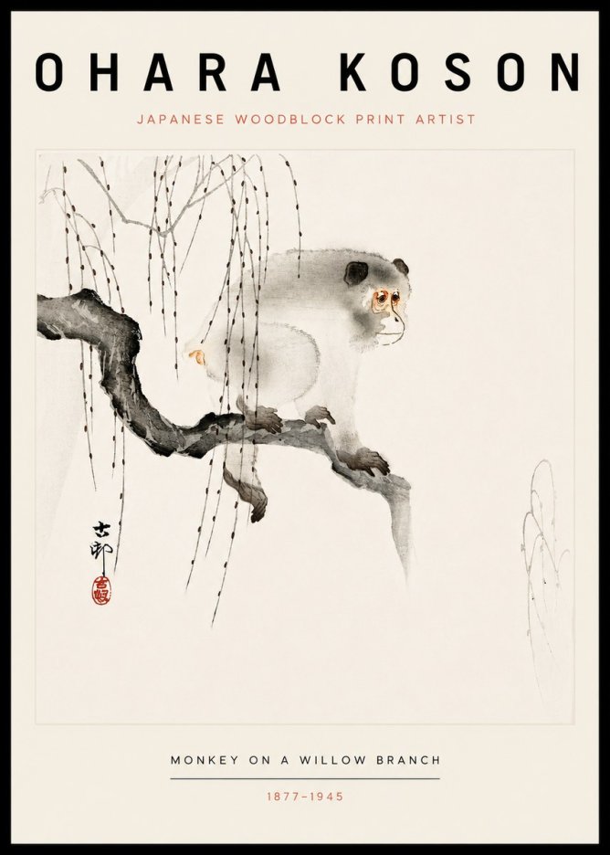 Ohara Koson Monkey on a Willow Branch No3 - Poszter