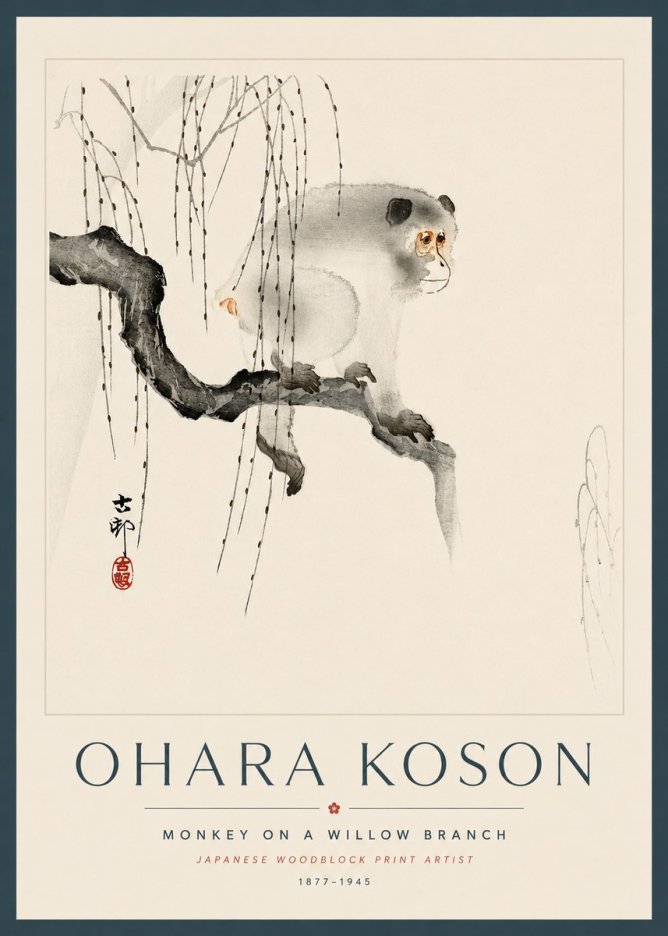 Ohara Koson Monkey on a Willow Branch No5 - Poszter