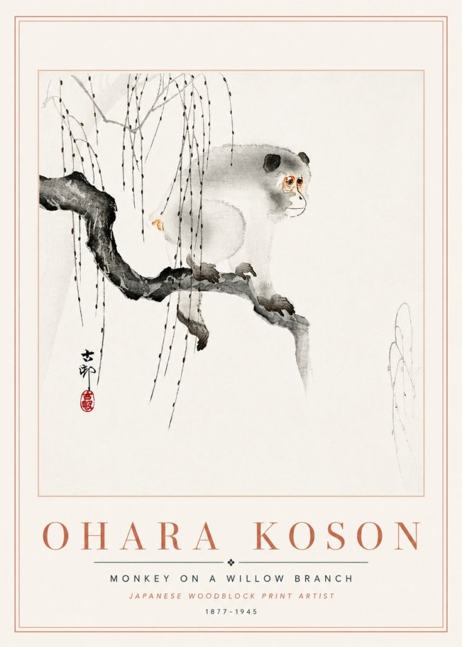 Ohara Koson Monkey on a Willow Branch No6 - Poszter