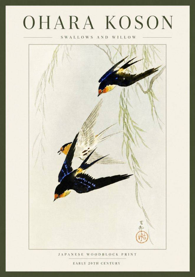 Ohara Koson Swallows and Willow I No3 - Poszter