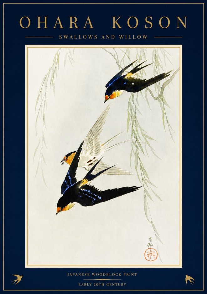 Ohara Koson Swallows and Willow I No5 - Poszter