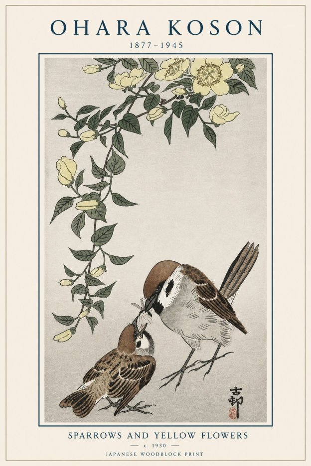 Ohara Koson Sparrows and Yellow Flowers No4 - Poszter