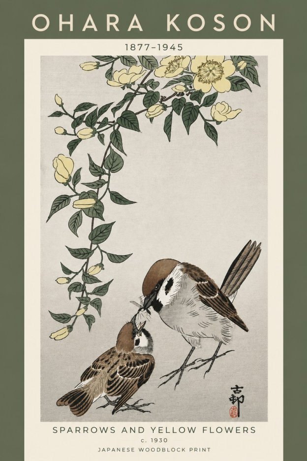 Ohara Koson Sparrows and Yellow Flowers No5 - Poszter