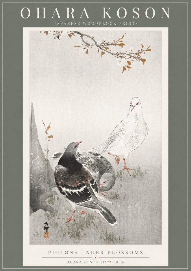 Ohara Koson Pigeons Under Blossoms No2 - Poszter