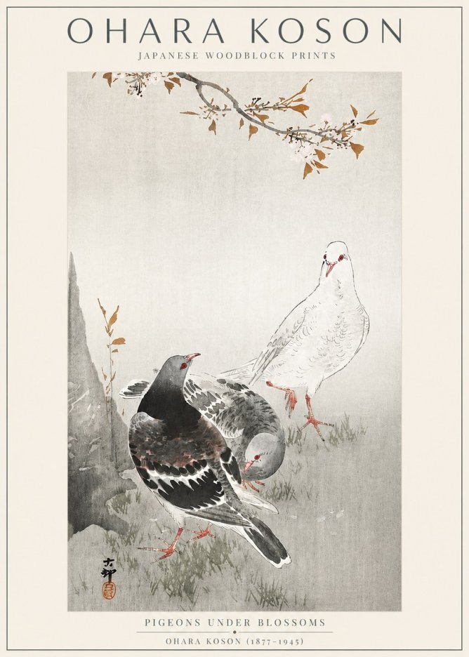 Ohara Koson Pigeons Under Blossoms No3 - Poszter
