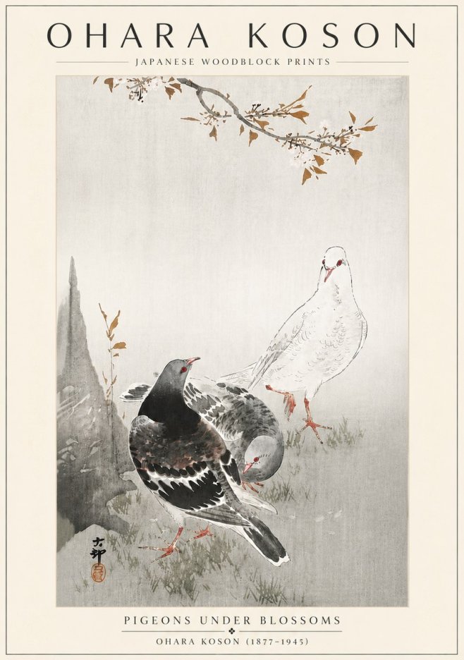 Ohara Koson Pigeons Under Blossoms No6 - Poszter