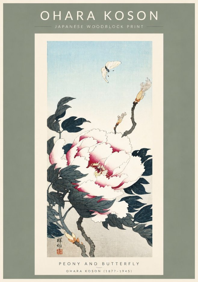Ohara Koson Peony and Butterfly No3 - Poszter