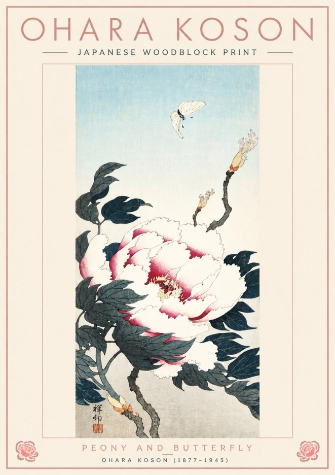 Ohara Koson Peony and Butterfly No4 - Poszter