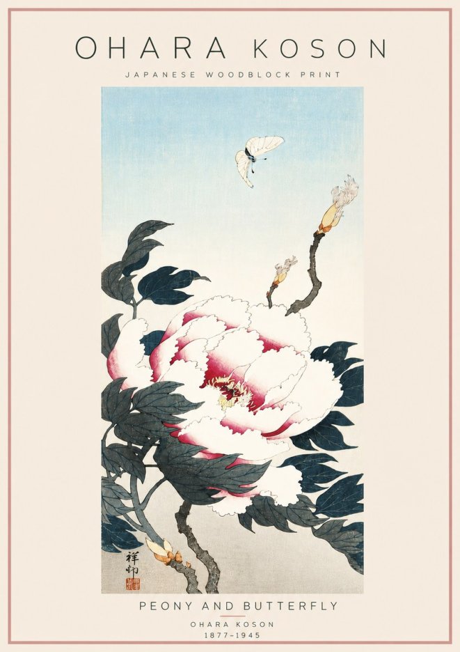 Ohara Koson Peony and Butterfly No6 - Poszter