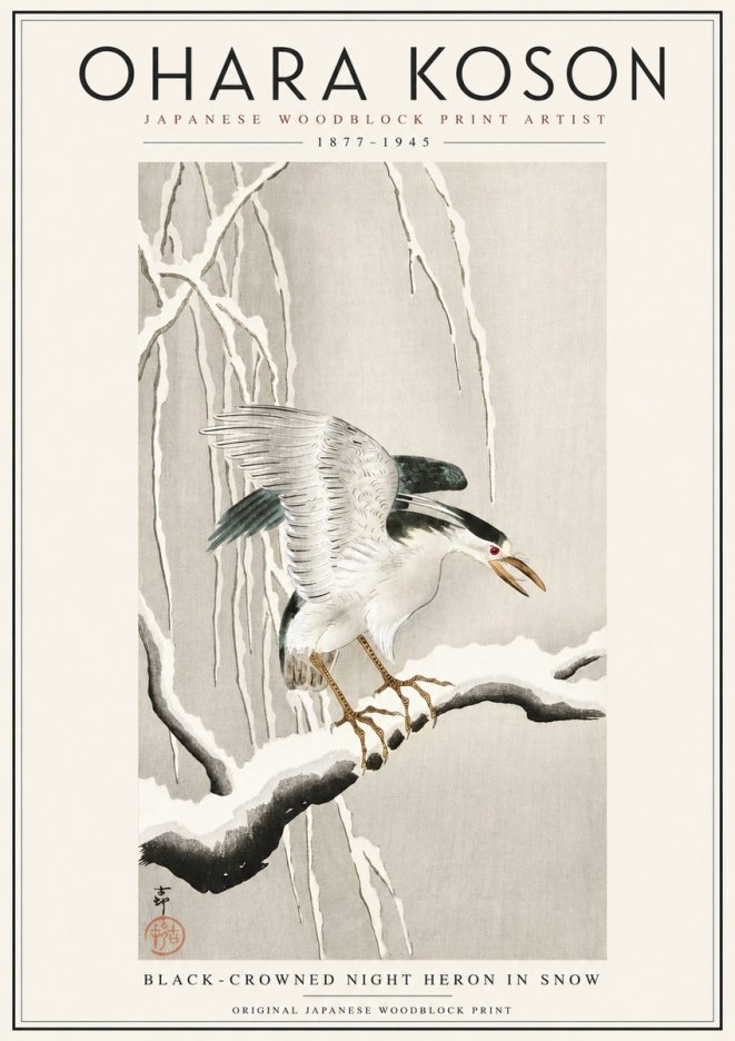 Ohara Koson Black-crowned Night Heron in Snow No3 - Poszter