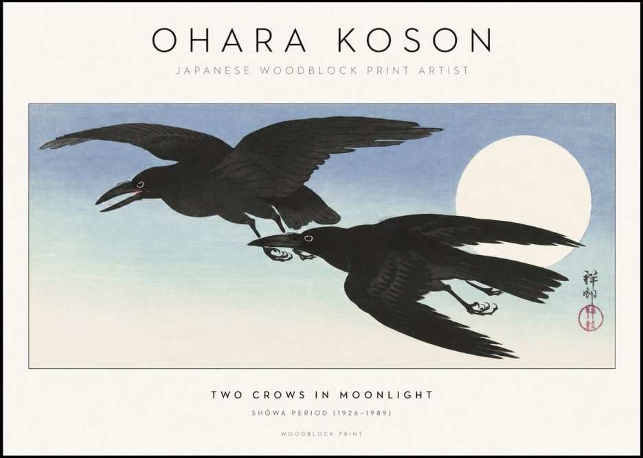 Ohara Koson Two Crows in Flight, Moonlight No2 - Poszter
