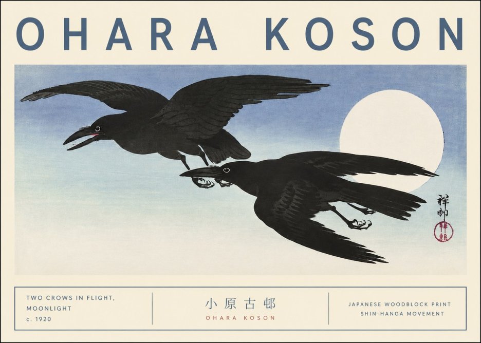 Ohara Koson Two Crows in Flight, Moonlight No3 - Poszter