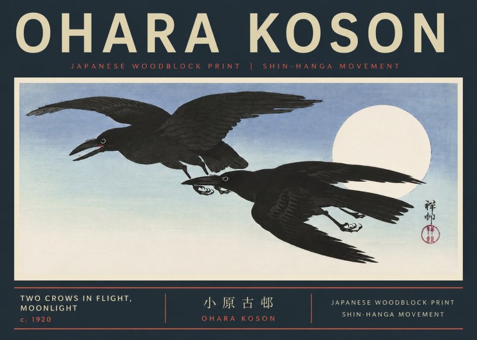 Ohara Koson Two Crows in Flight, Moonlight No6 - Poszter