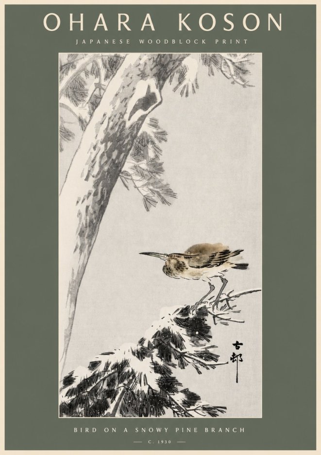 Ohara Koson Bird on a Snowy Pine Branch No2 - Poszter