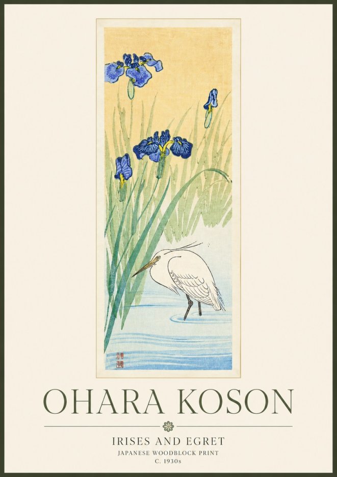 Ohara Koson Irises and Egret No3 - Poszter