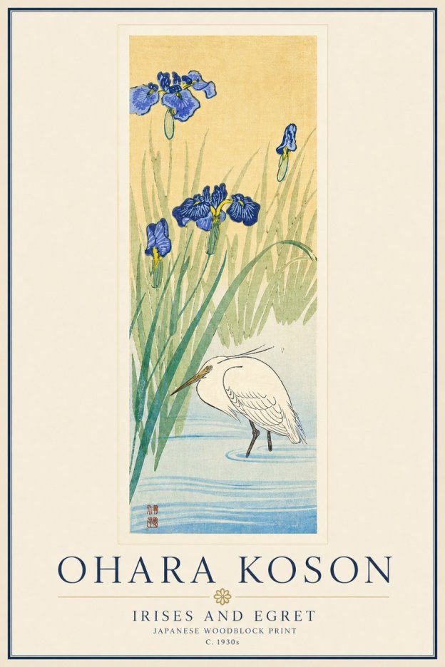Ohara Koson Irises and Egret No6 - Poszter