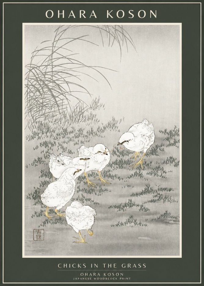 Ohara Koson Chicks in the Grass No1 - Poszter