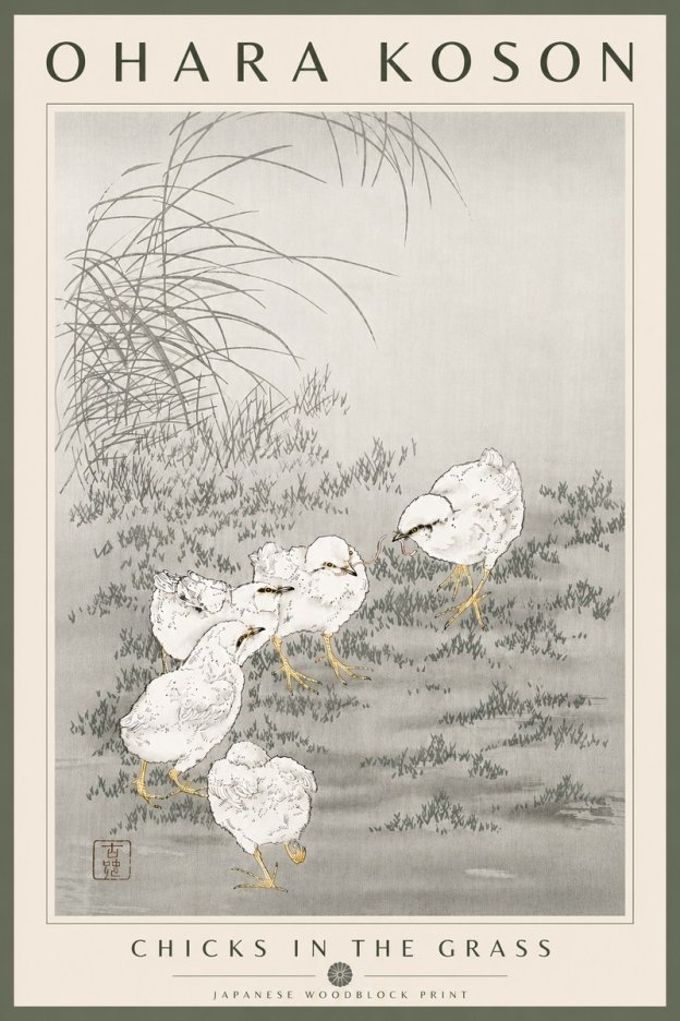 Ohara Koson Chicks in the Grass No6 - Poszter