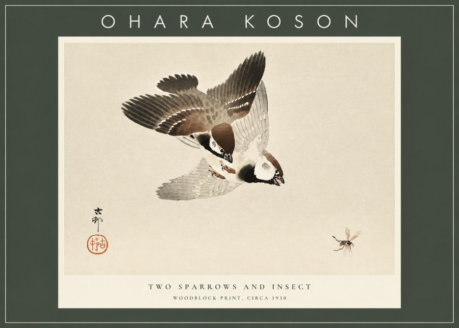 Ohara Koson Two Sparrows and Insect No2 - Poszter