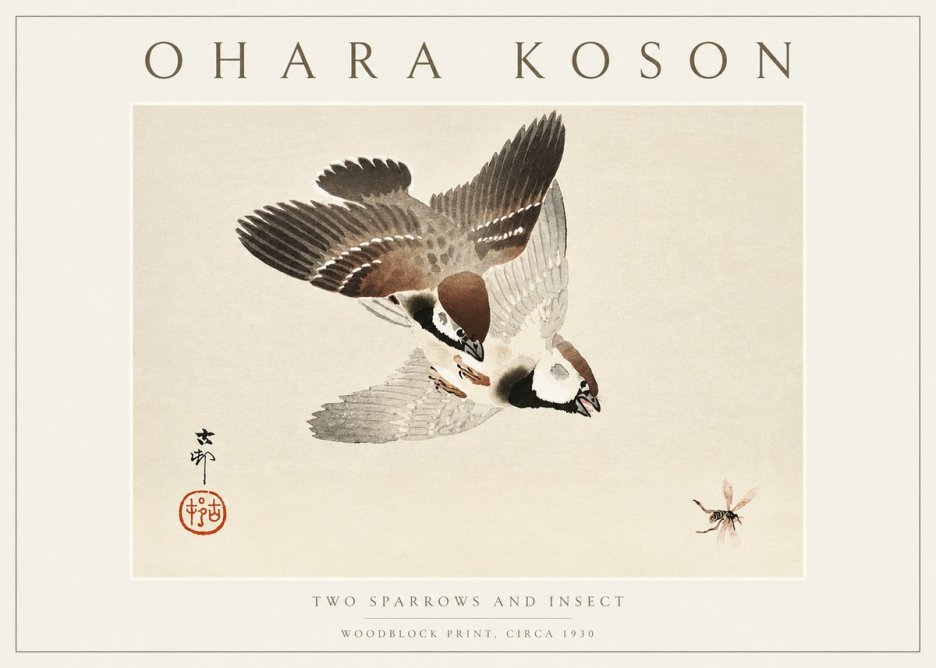Ohara Koson Two Sparrows and Insect No3 - Poszter