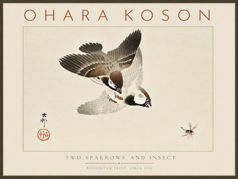 Ohara Koson Two Sparrows and Insect No6 - Poszter