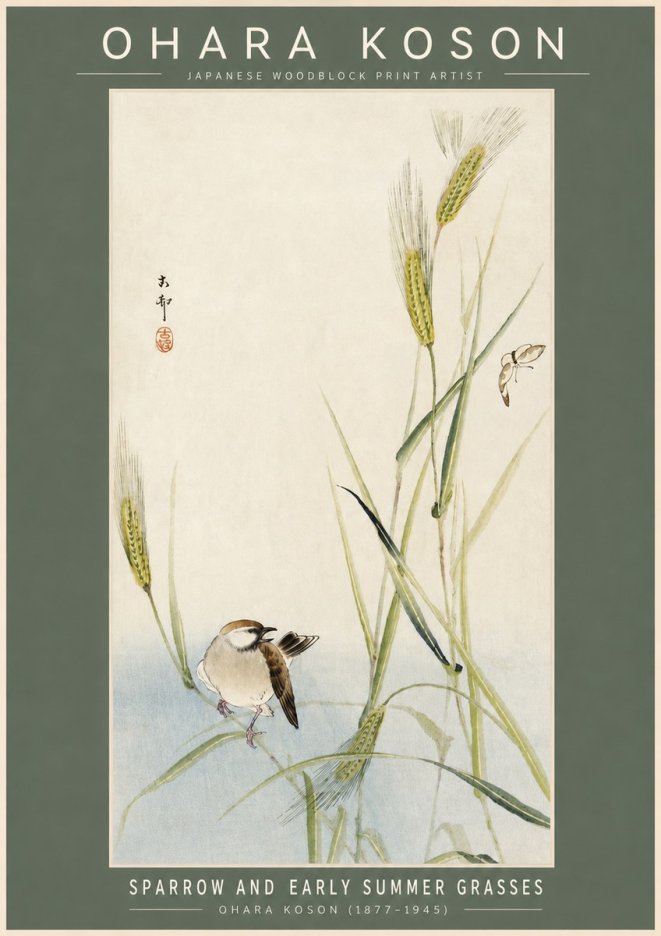 Ohara Koson Sparrow and Early Summer Grasses No2 - Poszter