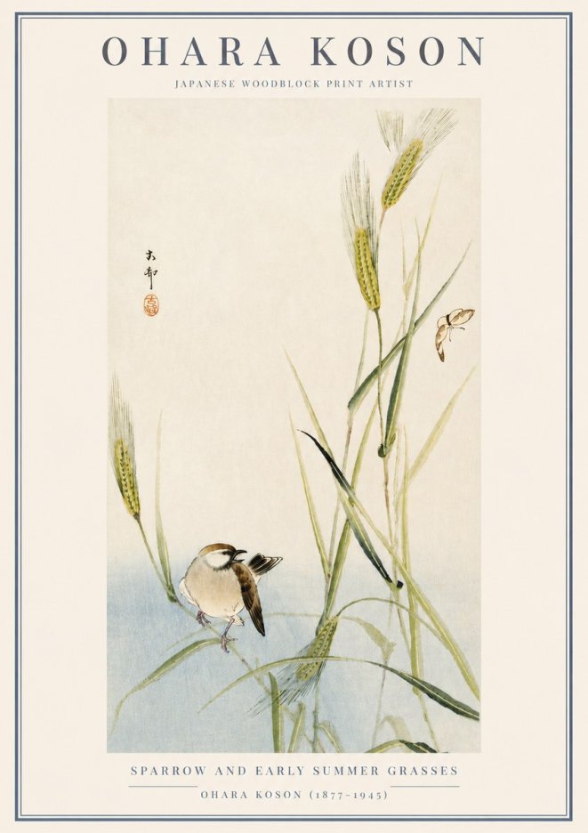 Ohara Koson Sparrow and Early Summer Grasses No3 - Poszter