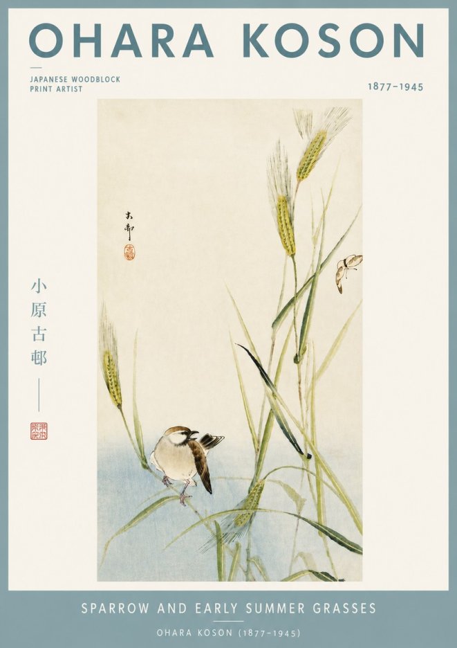 Ohara Koson Sparrow and Early Summer Grasses No4 - Poszter