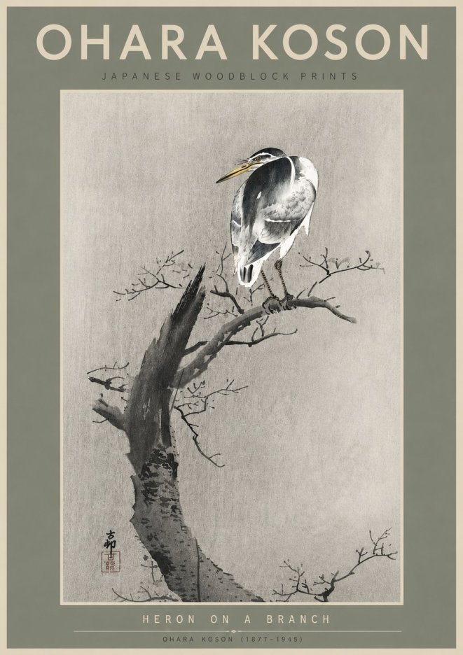 Ohara Koson Heron on a Branch No6 - Poszter
