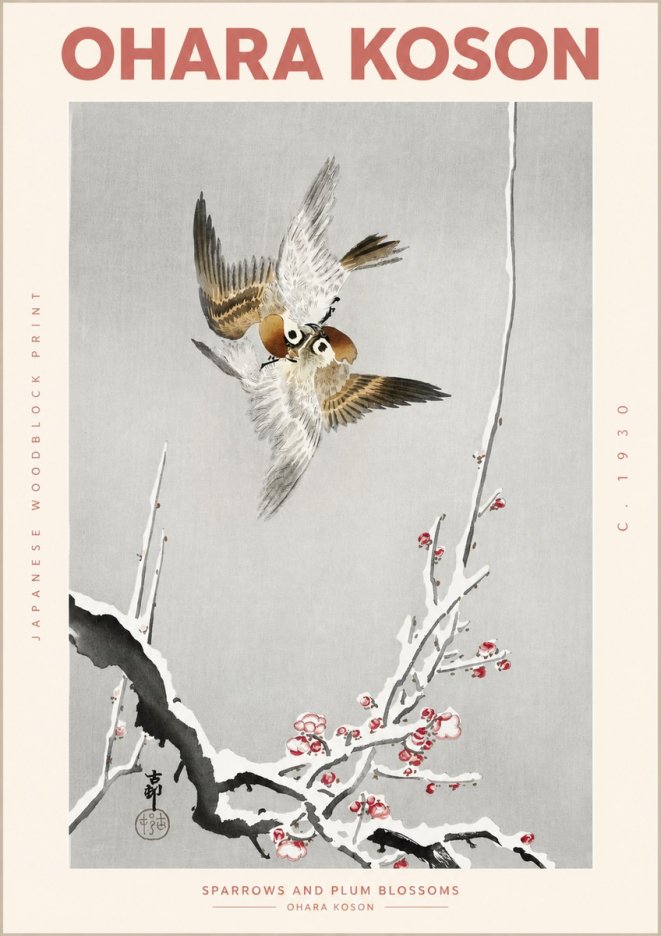 Ohara Koson Sparrows and Plum Blossoms No2 - Poszter