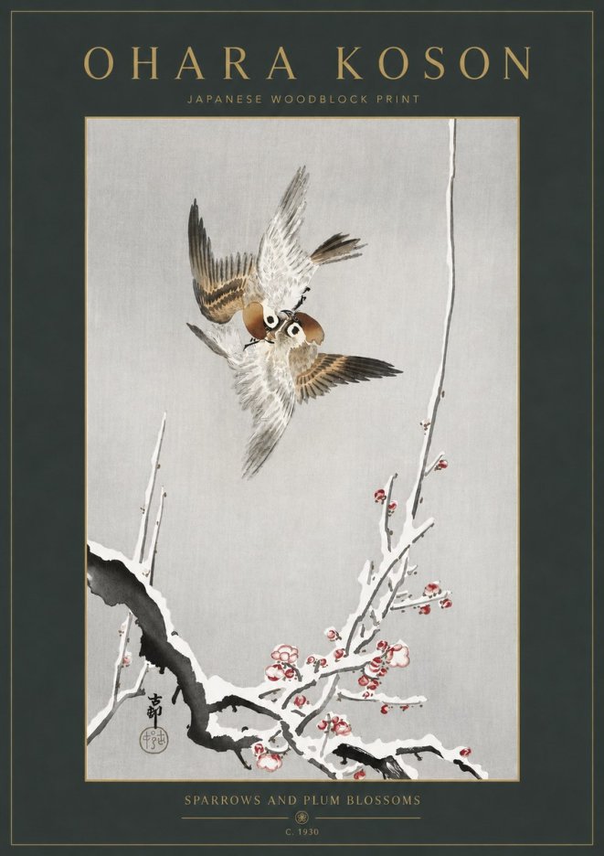 Ohara Koson Sparrows and Plum Blossoms No3 - Poszter