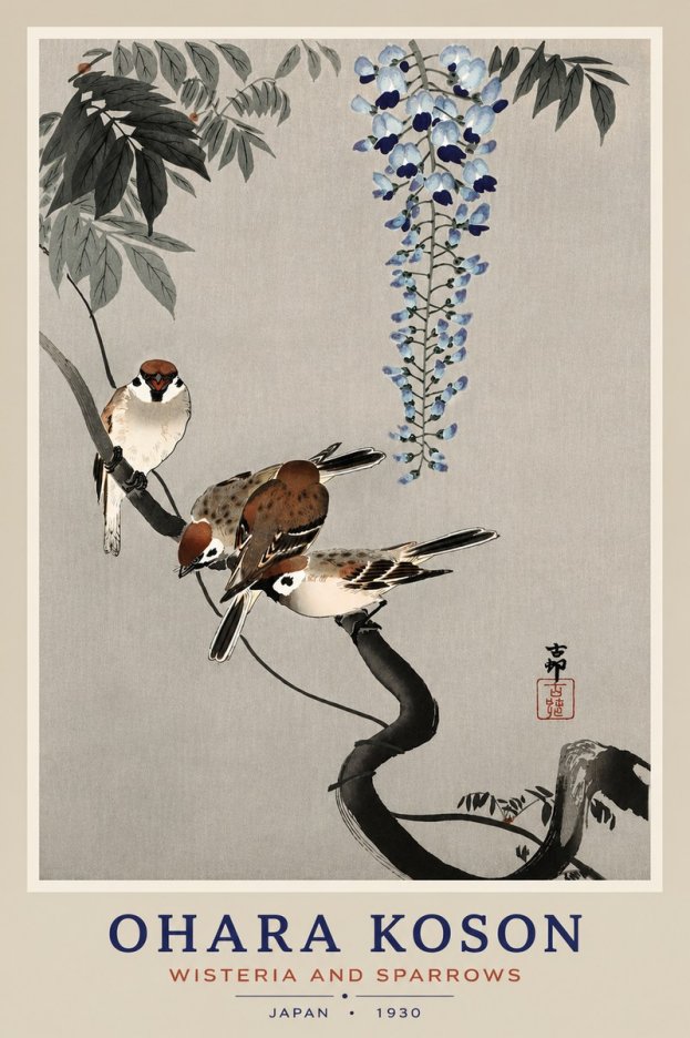 Ohara Koson Wisteria and Sparrows No4 - Poszter