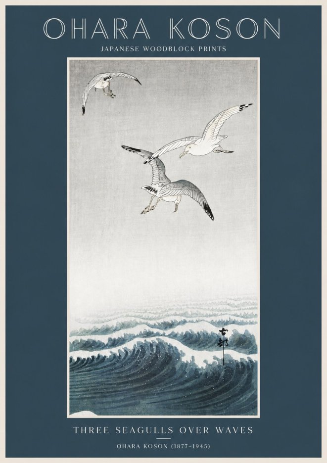 Ohara Koson Three Seagulls over Waves No2 - Poszter