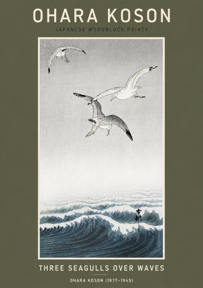 Ohara Koson Three Seagulls over Waves No3 - Poszter
