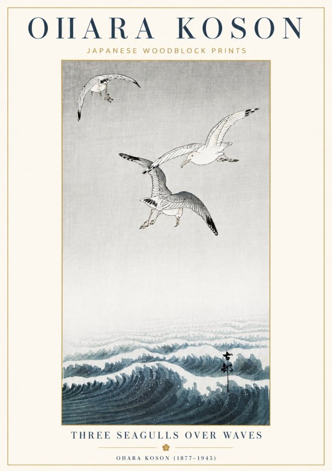 Ohara Koson Three Seagulls over Waves No4 - Poszter