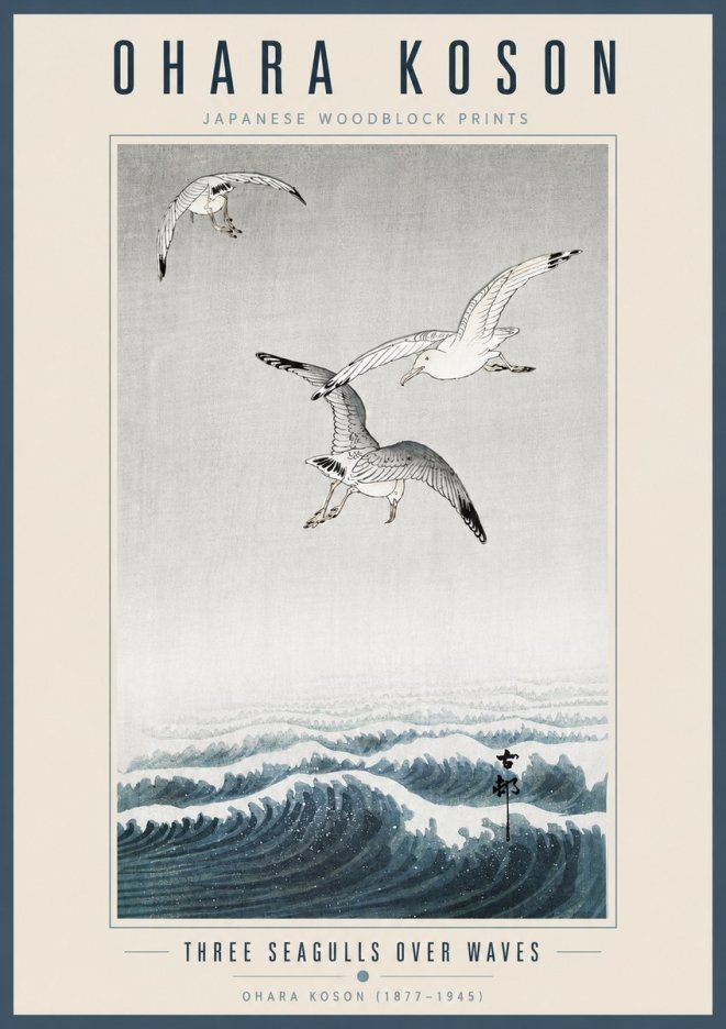 Ohara Koson Three Seagulls over Waves No5 - Poszter