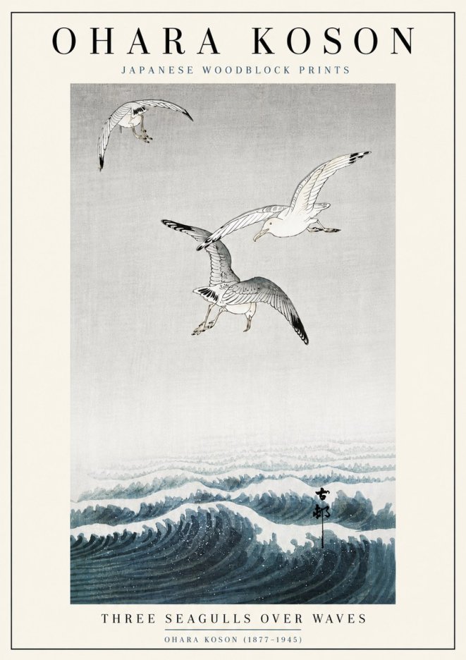 Ohara Koson Three Seagulls over Waves No6 - Poszter