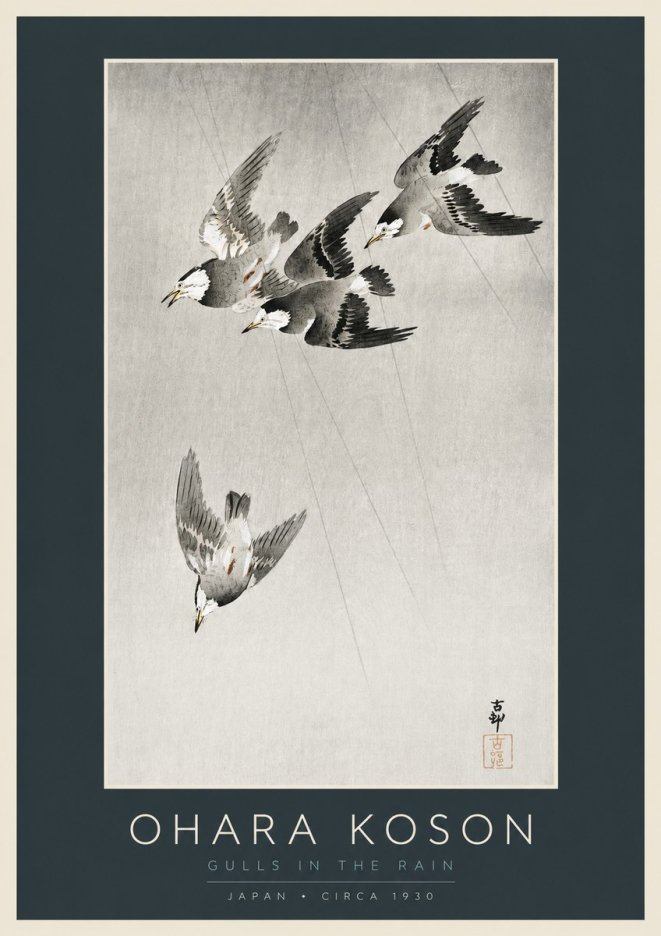 Ohara Koson Gulls in the Rain No2 - Poszter