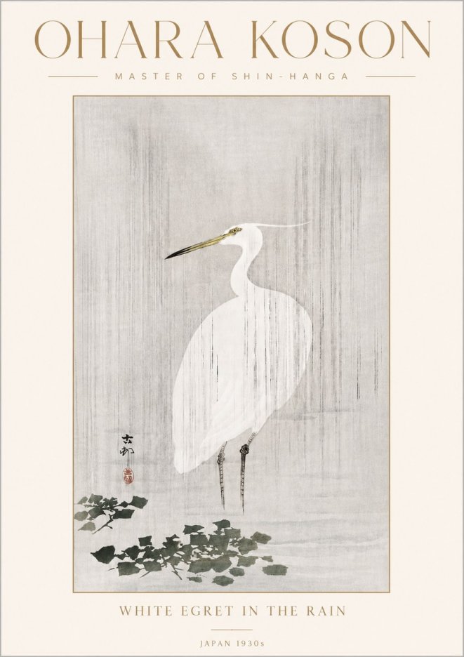 Ohara Koson White Egret in the Rain No4 - Poszter