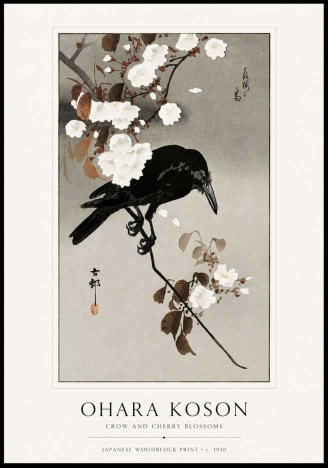 Ohara Koson Crow and Cherry Blossoms No1 - Poszter