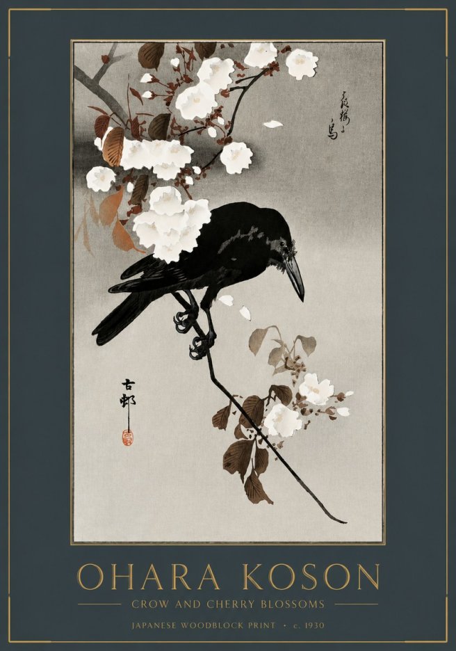 Ohara Koson Crow and Cherry Blossoms No2 - Poszter