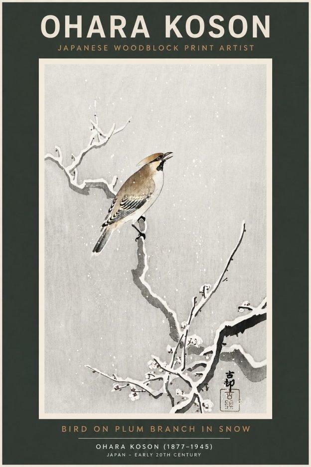 Ohara Koson Bird on Plum Branch in Snow No2 - Poszter